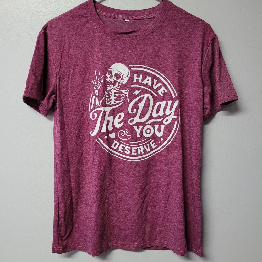 Graphic T Shirt Skeleton Peace Sign Have The Day You Deserve Tee Womens Small